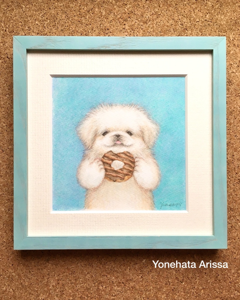 原画作品「ホワイトペキニーズとドーナツ」