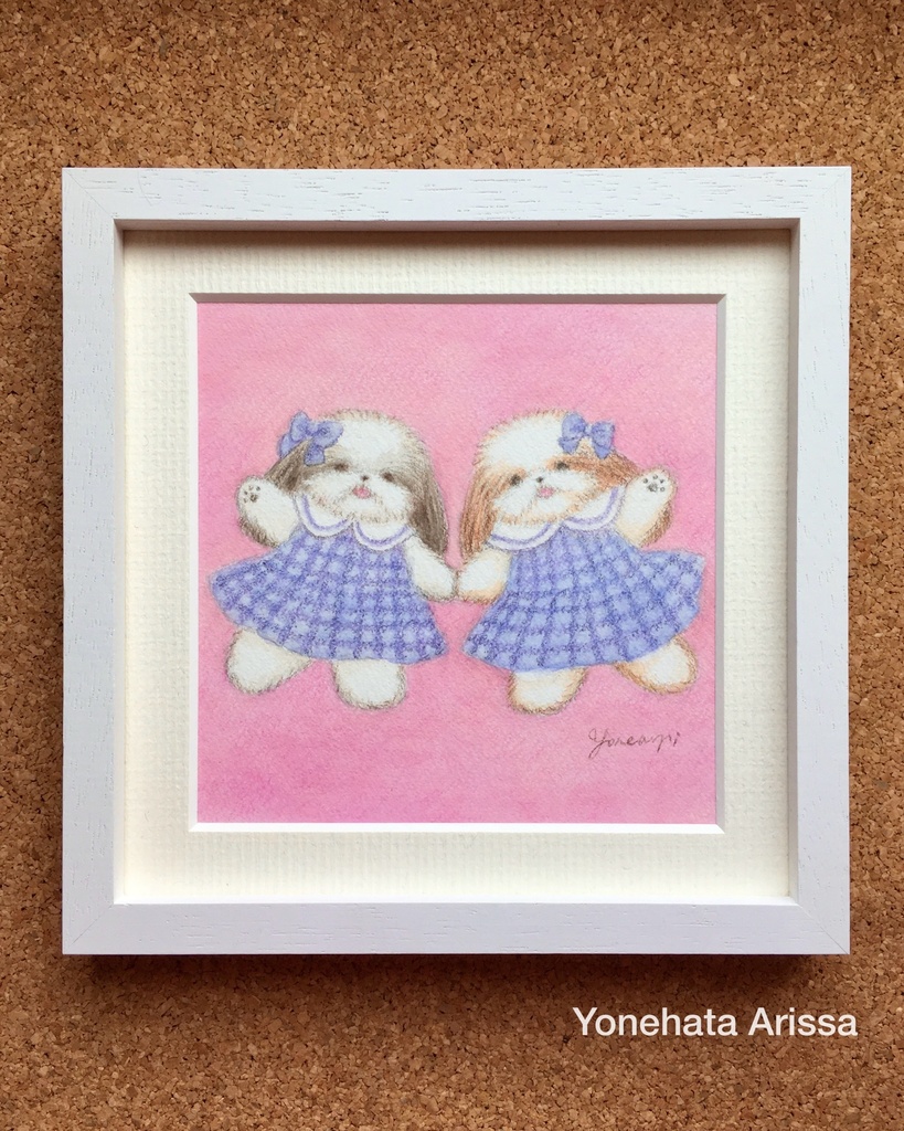 原画作品「チェック柄のスカートを着た双子のシーズー」