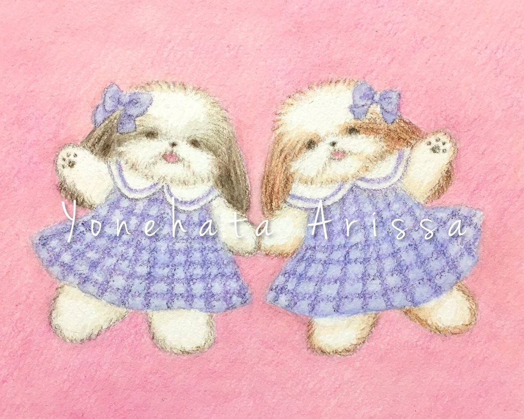 原画作品「チェック柄のスカートを着た双子のシーズー」