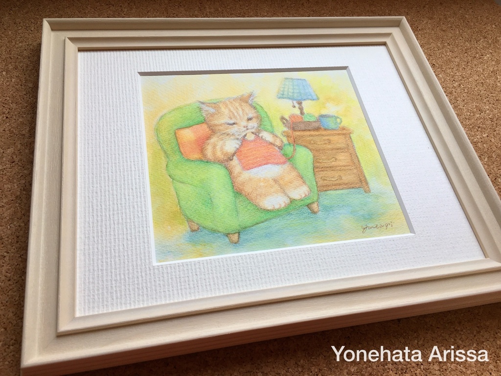 原画作品「編み物をする茶トラ猫」