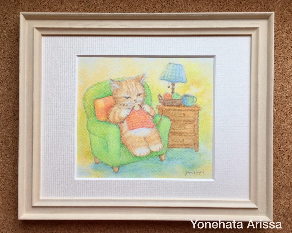 原画作品「編み物をする茶トラ猫」
