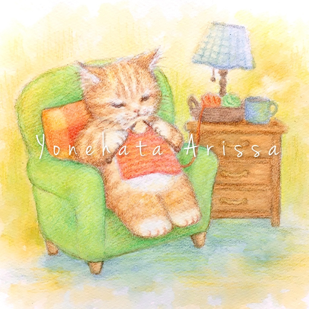 原画作品「編み物をする茶トラ猫」