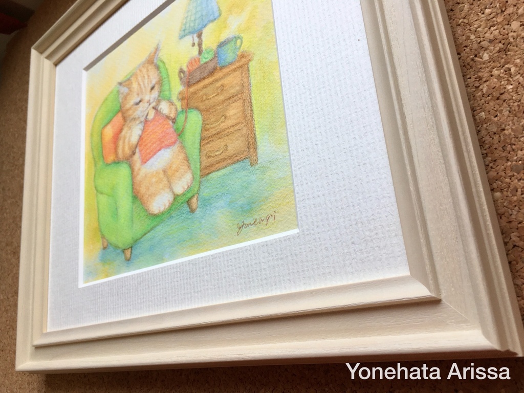 原画作品「編み物をする茶トラ猫」