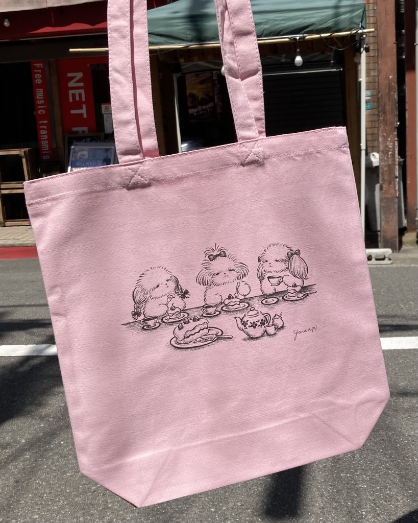 トートバッグ「シーズーたちのお茶会」ライトピンク