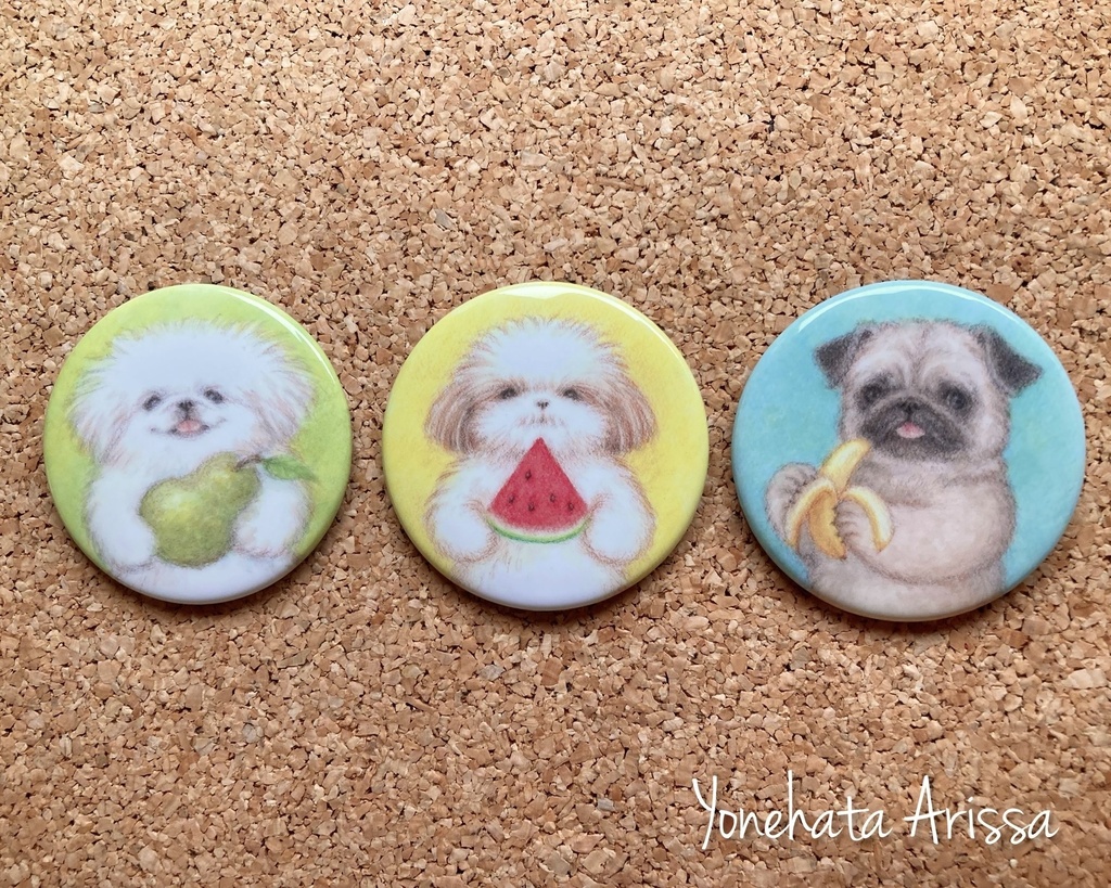 丸型缶バッジ「ぺちゃ犬たちとフルーツ」シリーズ