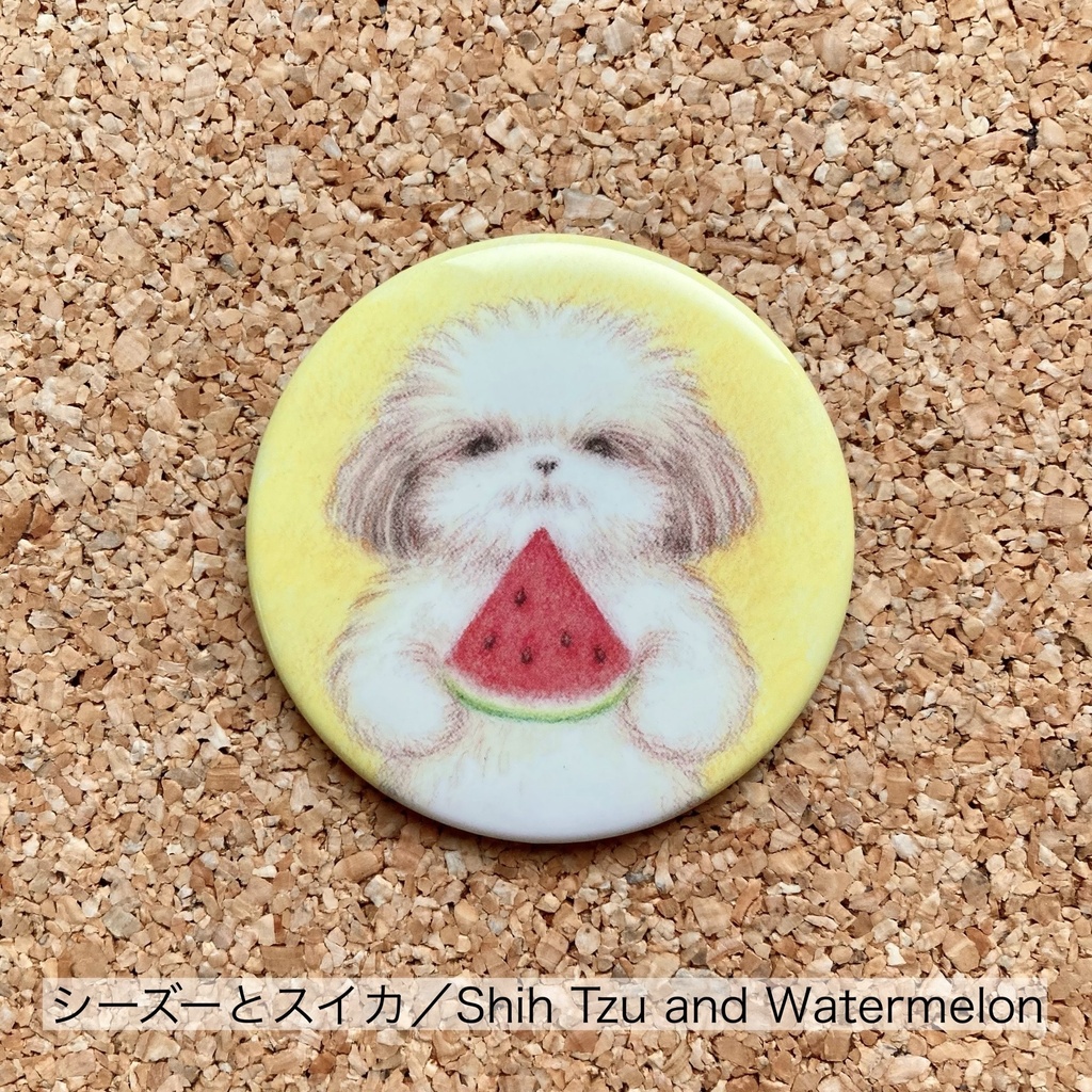 丸型缶バッジ「ぺちゃ犬たちとフルーツ」シリーズ
