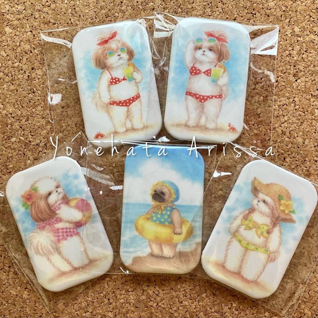 長方形缶バッジ「ビキニのシーズー/浮き輪のパグ」