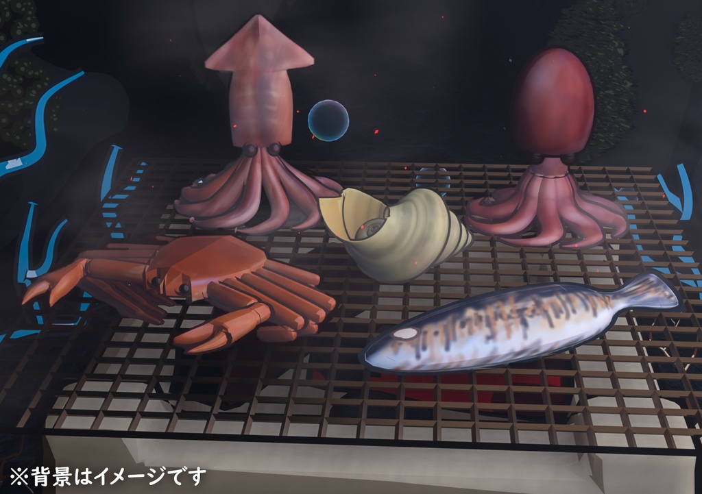 海鮮3Dモデル 5点バラ (カニ/魚/タコ/貝/イカ)