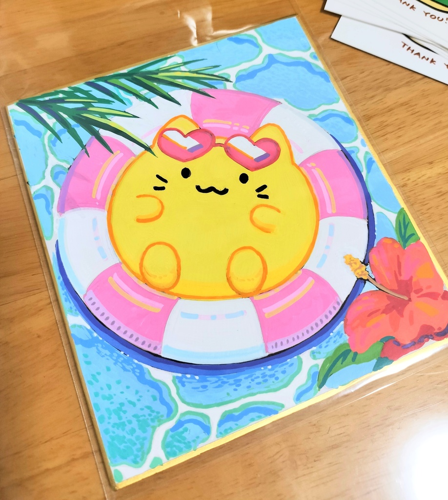 にゃんぷっぷーの色紙1 うきわでぷかぷか