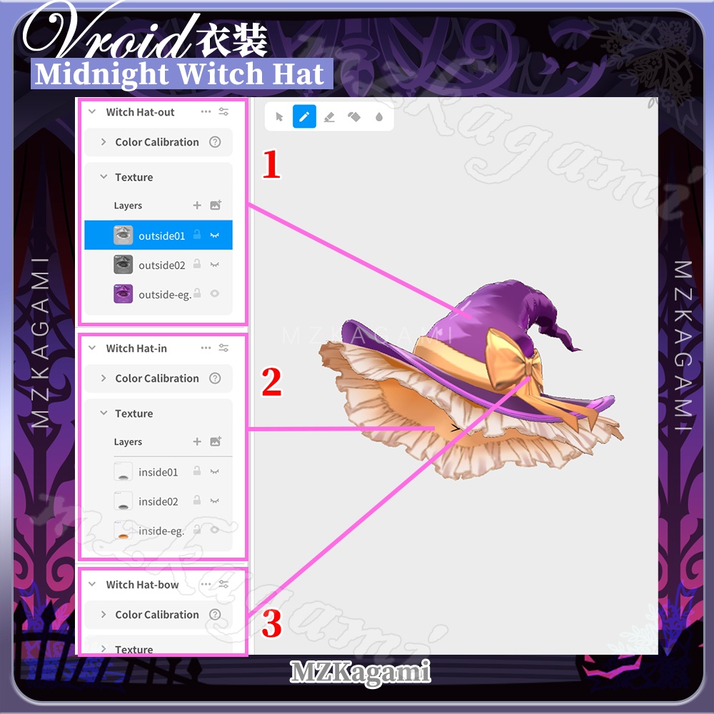 【VRoid】真夜中の魔女の帽子(自由色変更可) / Midnight Witch Hat (Free Color) (Vroid+XWear付)