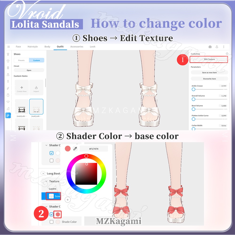 ★New★【VRoid】リボン付きローリタサンダル(8色+色替え自由) / Lolita Sandals (8 colors+Recolorable)