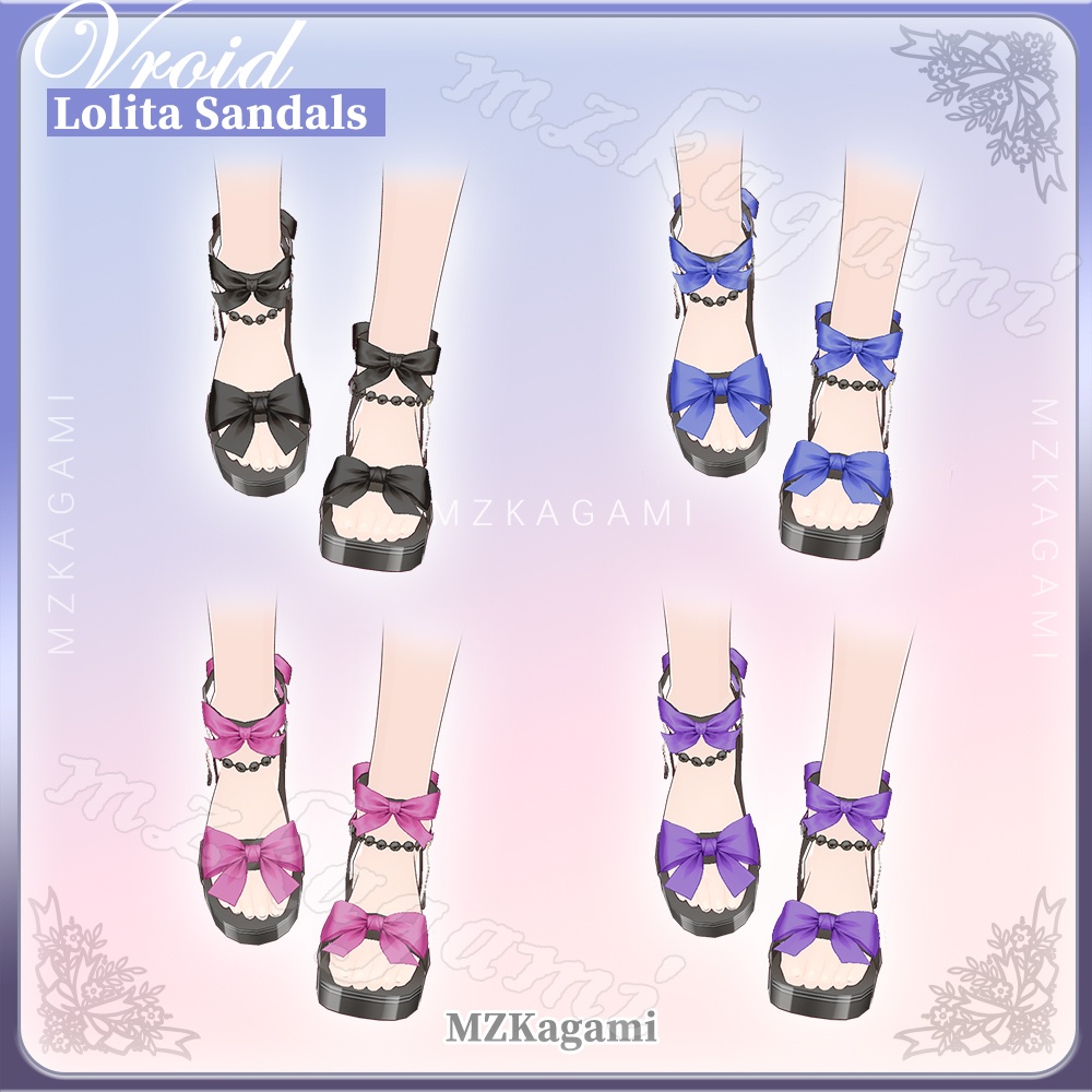 ★New★【VRoid】リボン付きローリタサンダル(8色+色替え自由) / Lolita Sandals (8 colors+Recolorable)