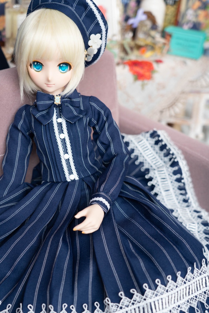 DD&DDS クラシカルワンピース帽子パニエセット(紺ストライプ柄)