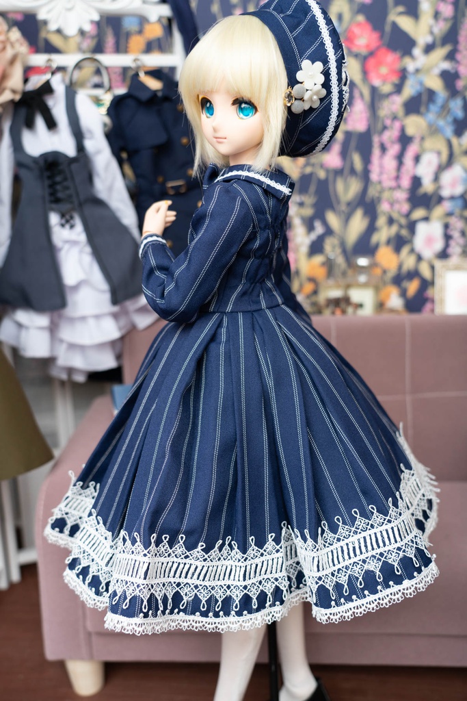 DD&DDS クラシカルワンピース帽子パニエセット(紺ストライプ柄)