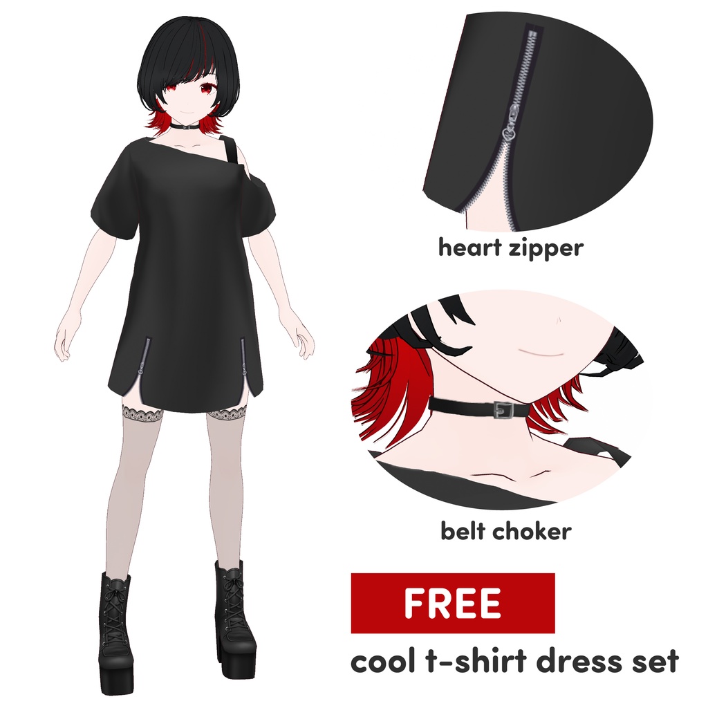 【VRoid】 FREE cool t-shirt dress & choker /【無料】Tシャツワンピース＆チョーカー
