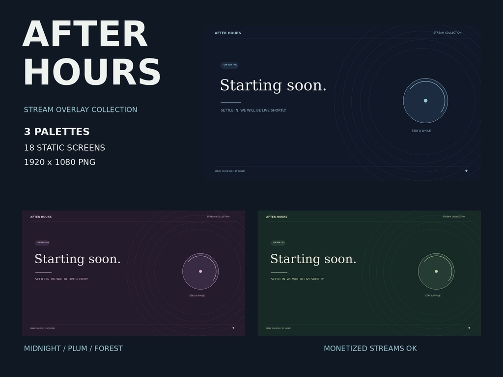 【配信素材】AFTER HOURS｜夜色の配信画面セット・3色18枚｜ゲーム・雑談・待機【静止画PNG】
