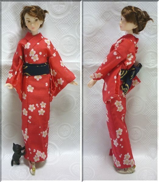 1/6ドール、27センチドール用 はんてんセット 赤地梅柄/白地紫猫柄