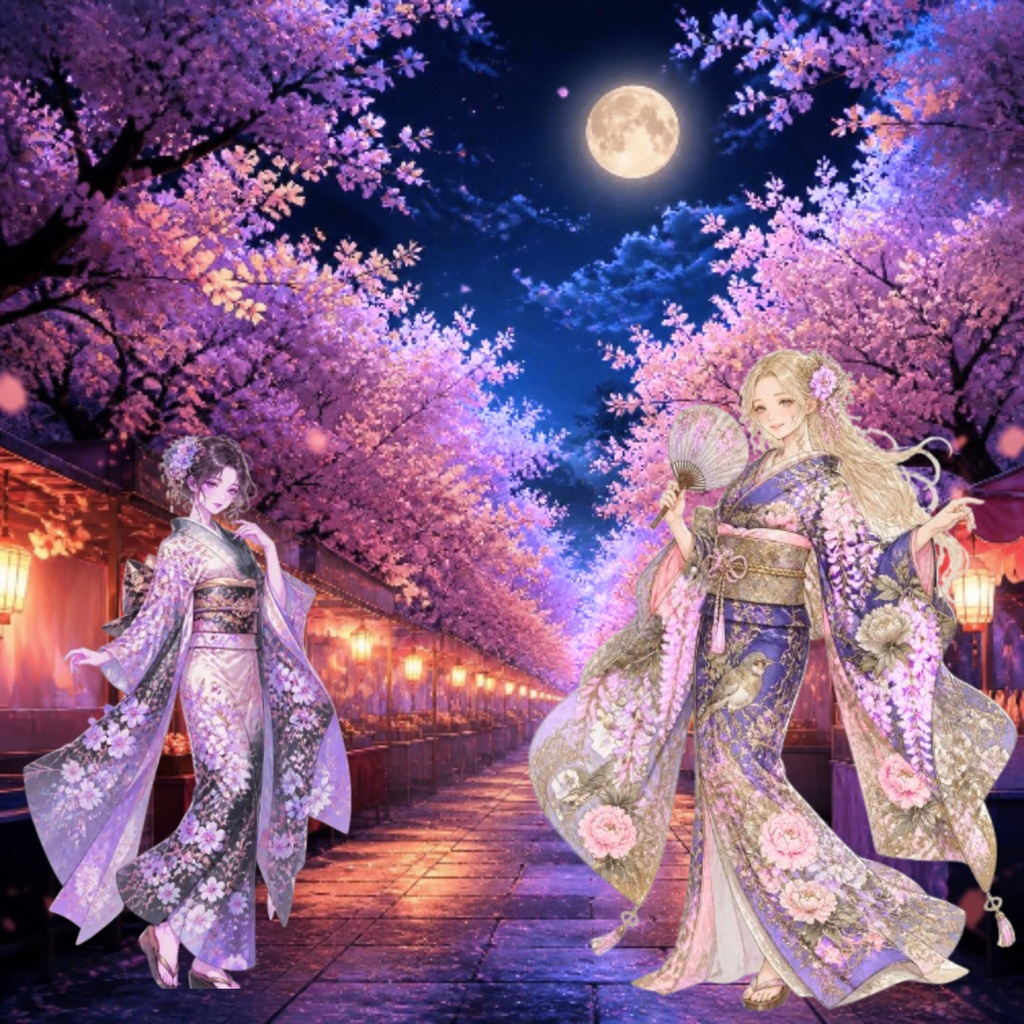 夜桜と着物美女　デジタルペーパー３枚セット　|　背景素材・デジタル手帳・壁紙・ラッピング