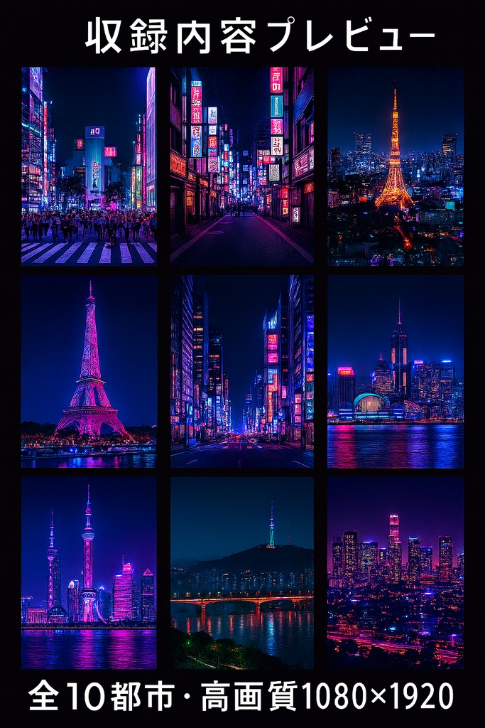ネオン夜景スマホ壁紙パック Vol.1|世界10都市セット(テキストなし・高画質)