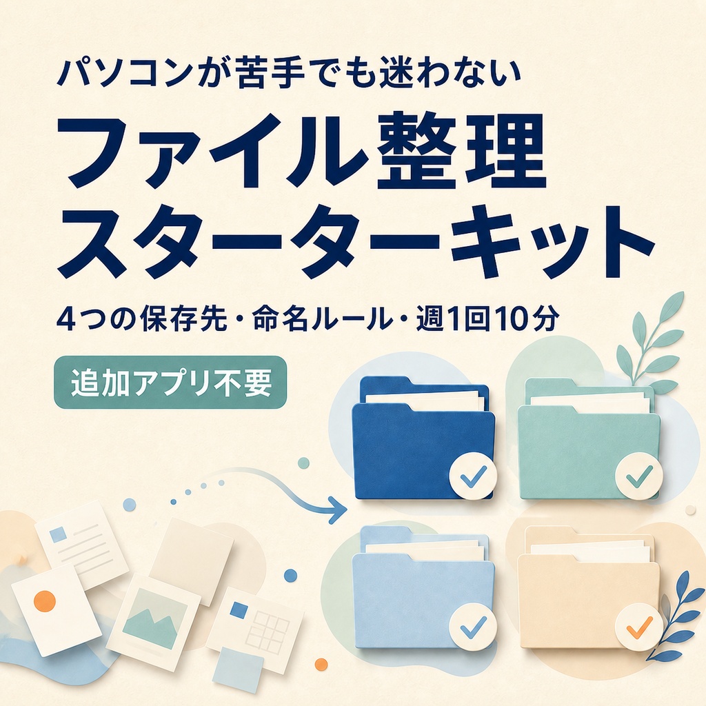 パソコンが苦手でも迷わない ファイル整理スターターキット｜4つの保存先・命名ルール・週1回10分チェック