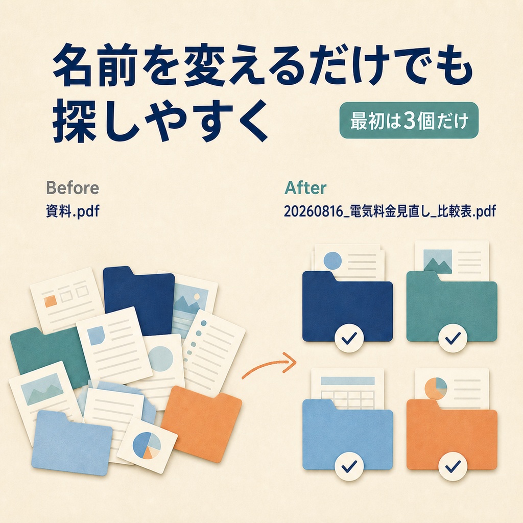パソコンが苦手でも迷わない ファイル整理スターターキット|4つの保存先・命名ルール・週1回10分チェック