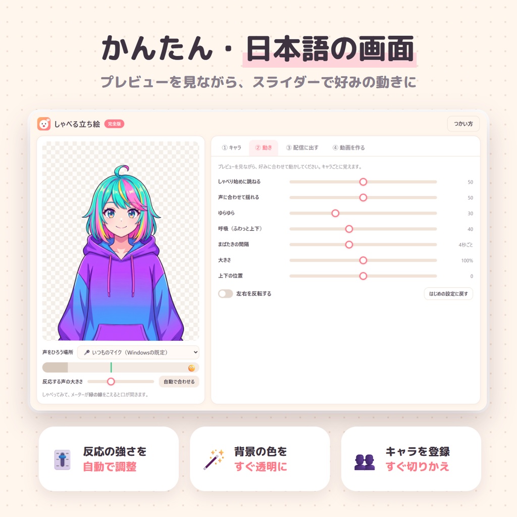 【無料版あり】しゃべる立ち絵|絵を入れるだけで、声に合わせて口パク・まばたき【配信・動画用/Windows】