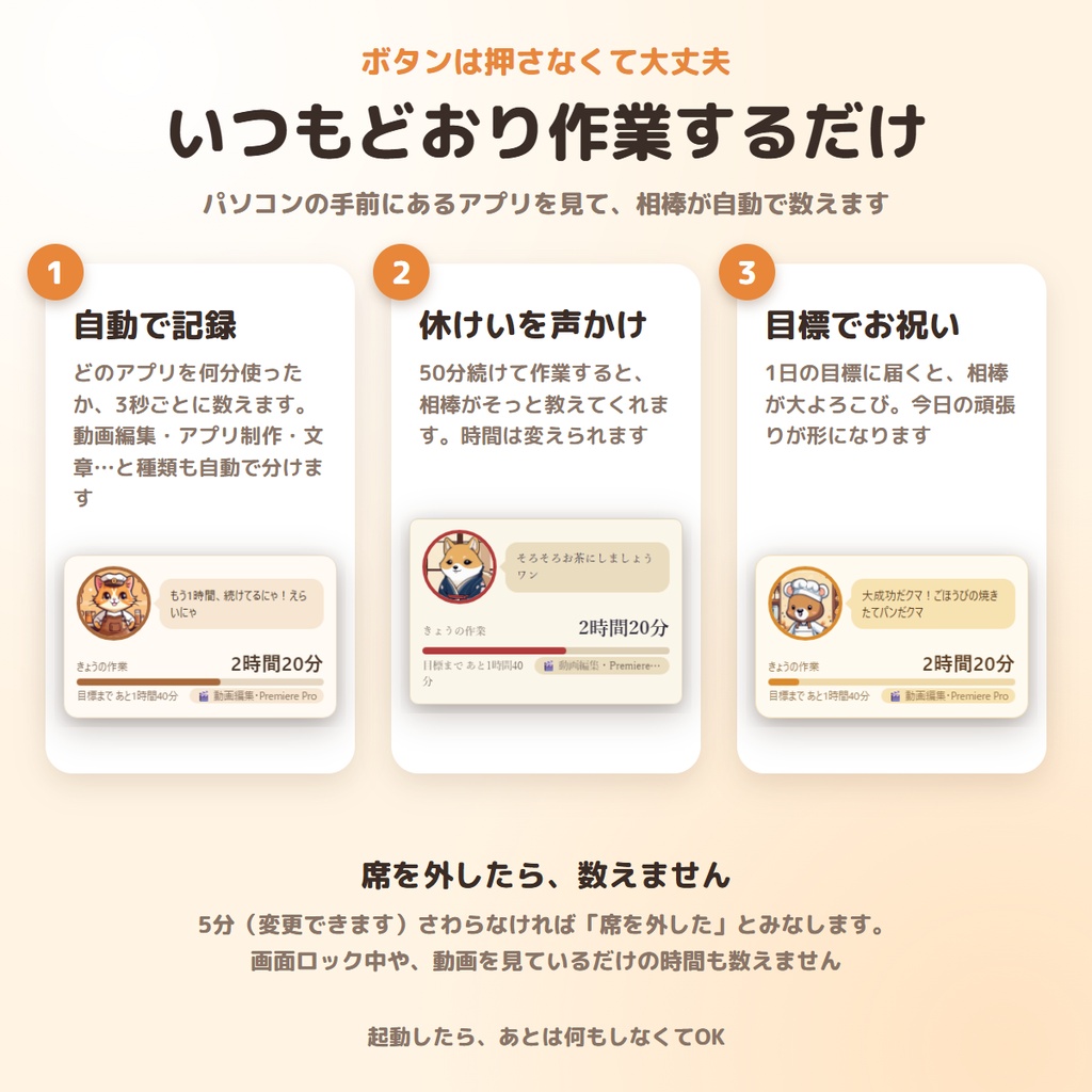 【無料版あり】使ったアプリと時間を自動で記録|さぎょう相棒 ― 画面のすみの相棒が教えてくれる、着せかえ12種の作業時間レコーダー【Windows】