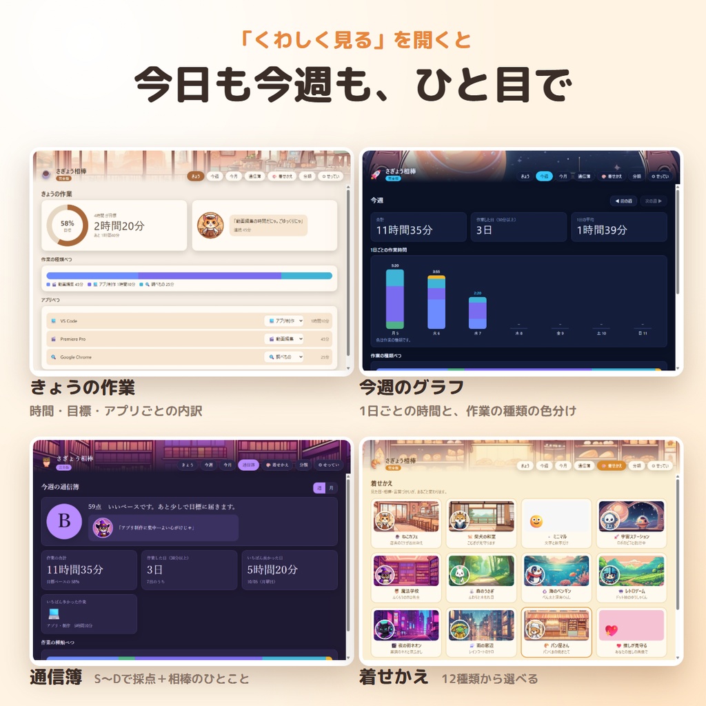 使ったアプリと作業時間を自動で記録|さぎょう相棒 完全版 ― 着せかえ12種・月カレンダー・目標自由・CSV書き出し【Windows】