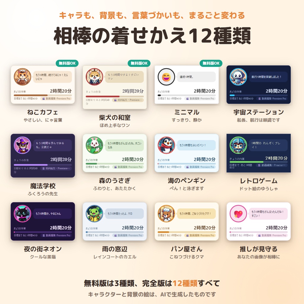 【無料版あり】使ったアプリと時間を自動で記録|さぎょう相棒 ― 画面のすみの相棒が教えてくれる、着せかえ12種の作業時間レコーダー【Windows】