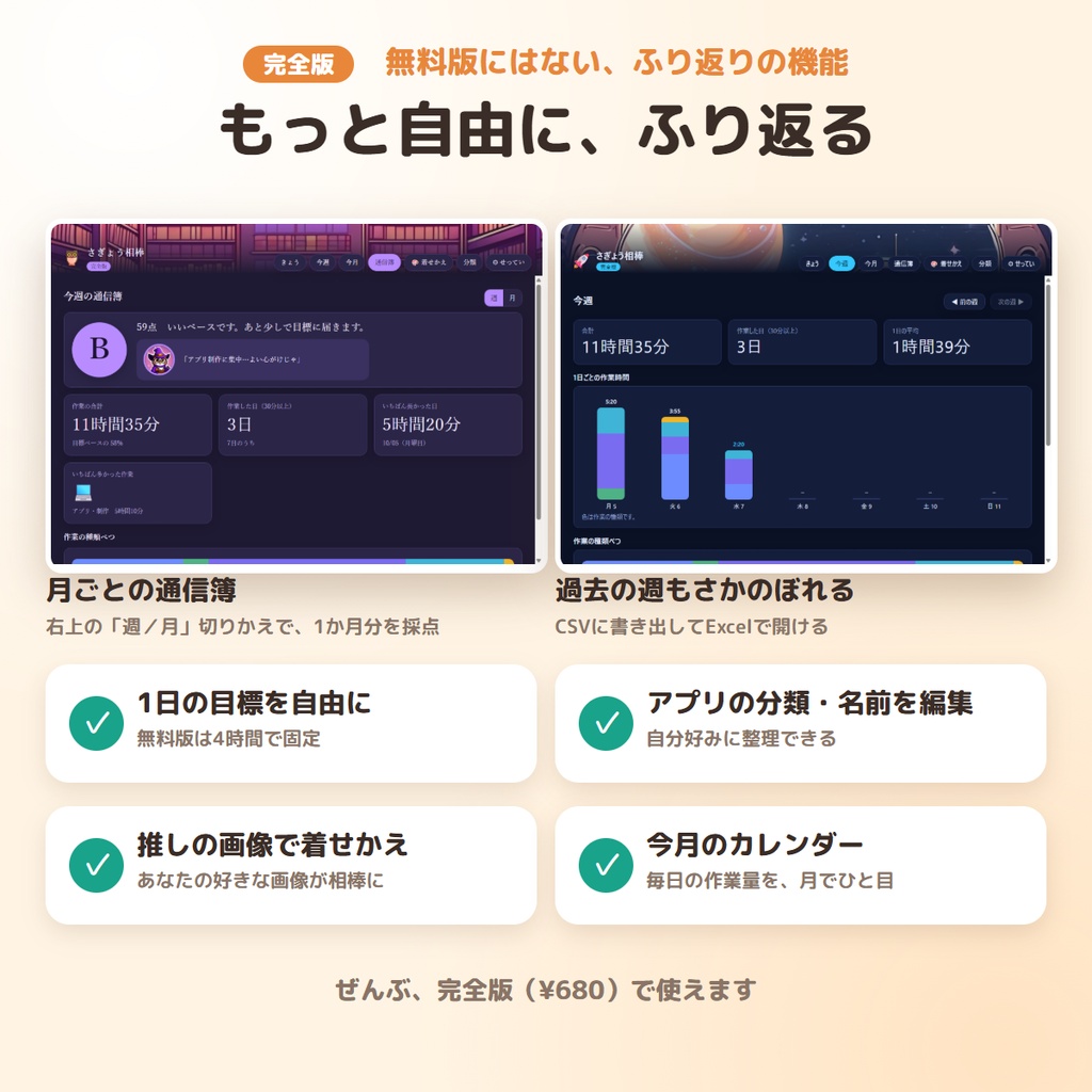 使ったアプリと作業時間を自動で記録|さぎょう相棒 完全版 ― 着せかえ12種・月カレンダー・目標自由・CSV書き出し【Windows】