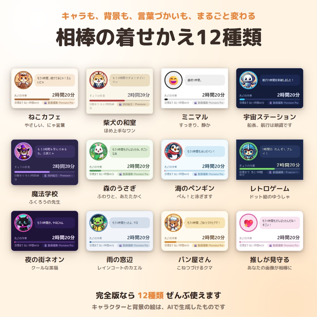 使ったアプリと作業時間を自動で記録|さぎょう相棒 完全版 ― 着せかえ12種・月カレンダー・目標自由・CSV書き出し【Windows】