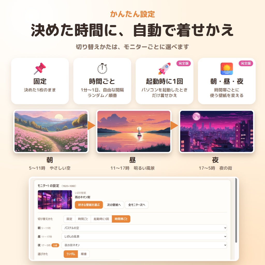 【無料版あり】モニターごとに壁紙を自動で着せかえ|かべがえ ― マルチモニター対応・AI壁紙45枚入りの壁紙チェンジャー【Windows】