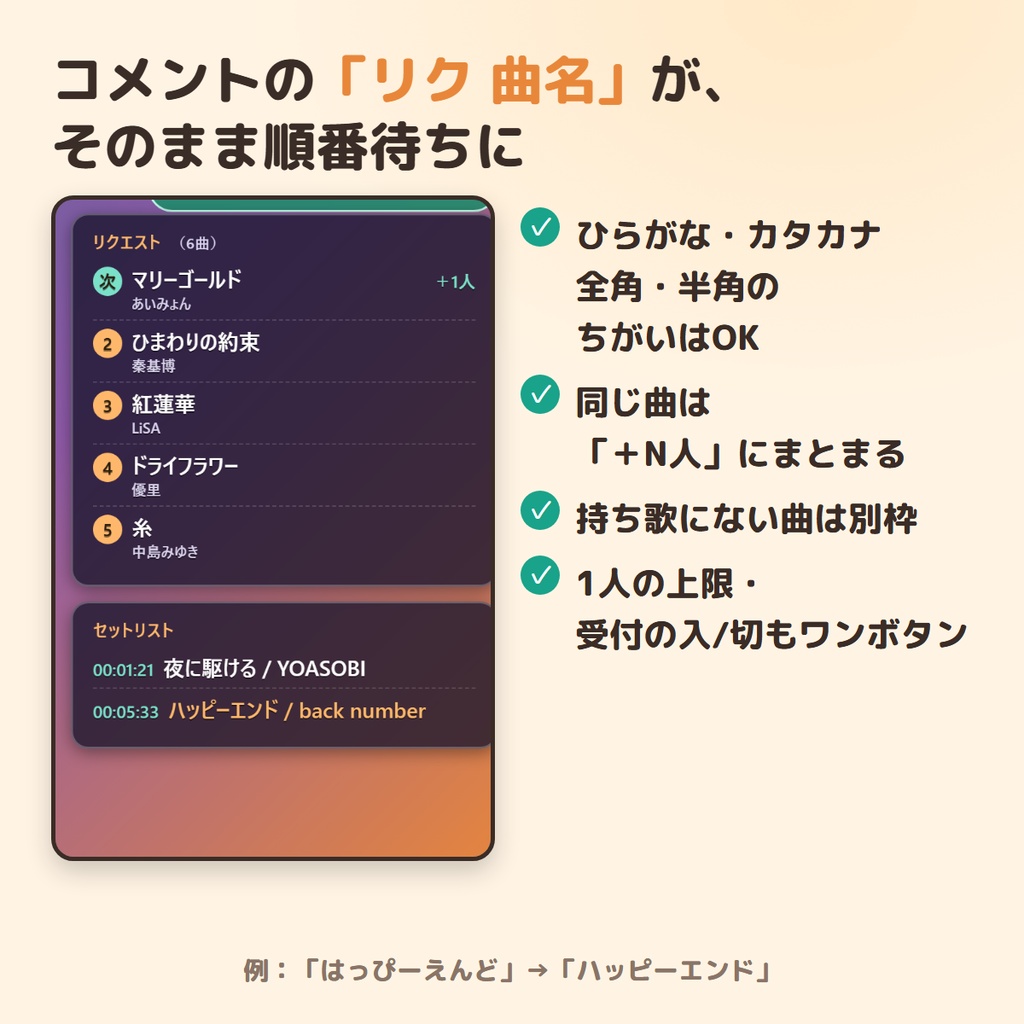 【無料版あり】歌枠おたすけ|リクエスト受付→OBS表示→時刻つきセトリまで【わんコメ連携】