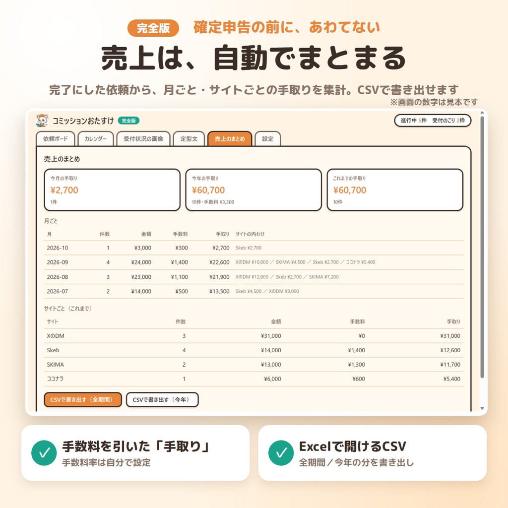イラスト依頼(コミッション)管理アプリ|コミッションおたすけ 完全版 ― 依頼無制限・売上まとめ・絵柄4種【Windows】