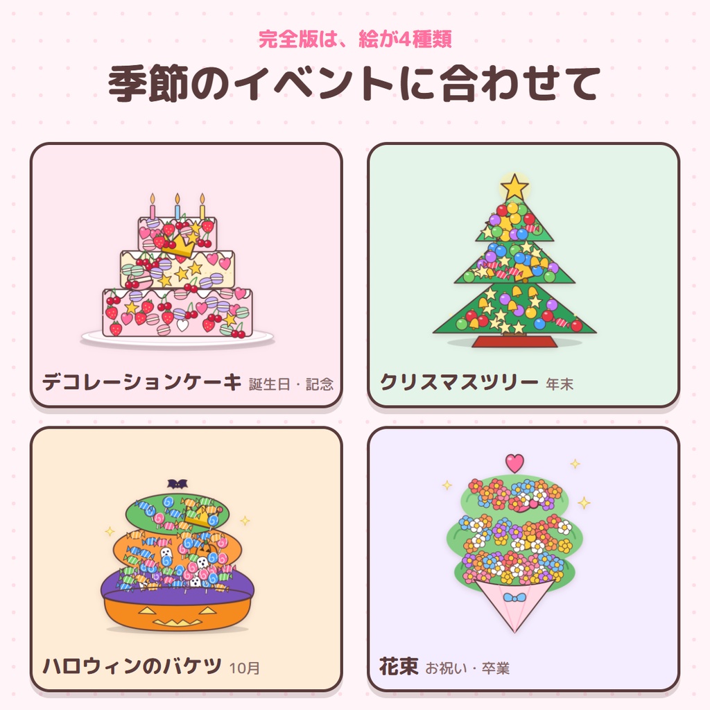コメントとスパチャでデコ!ケーキ・ツリー・花束|みんなでデコケーキ 完全版【絵4種・目標4種・全員の名前】わんコメ・OBS