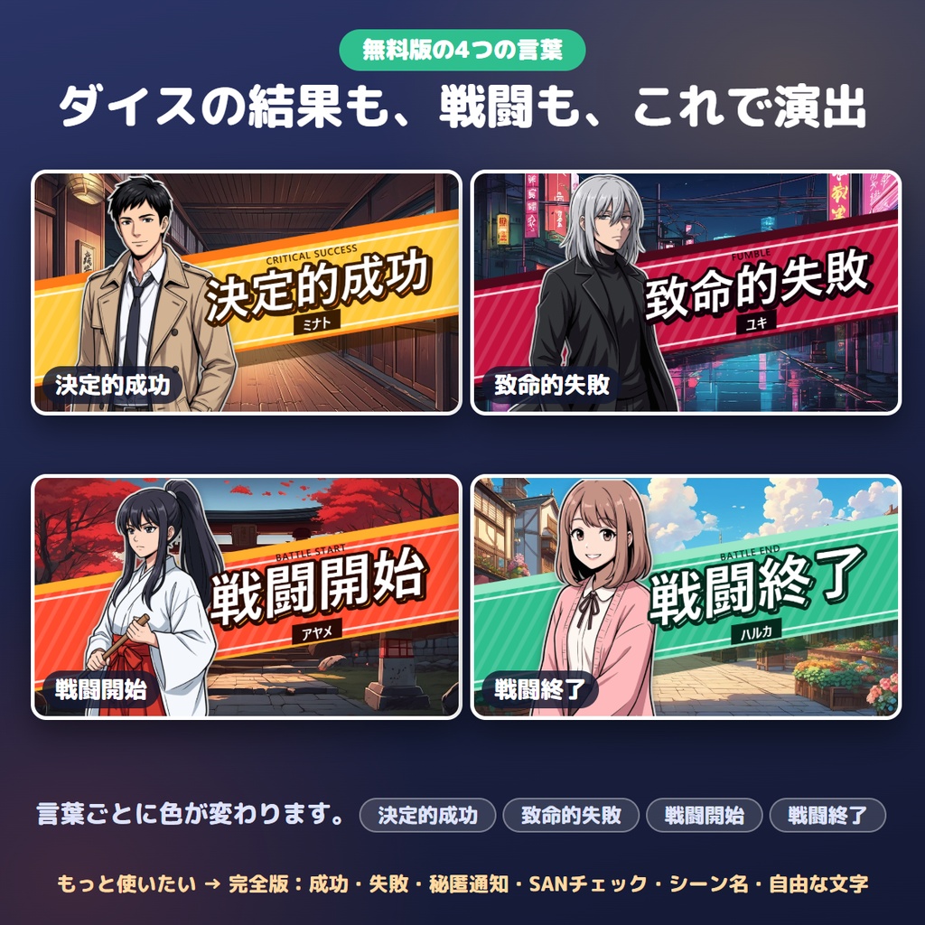 【無料】立ち絵と名前で、動くカットインを作る|うちの子カットイン 無料版【ココフォリア・TRPG】