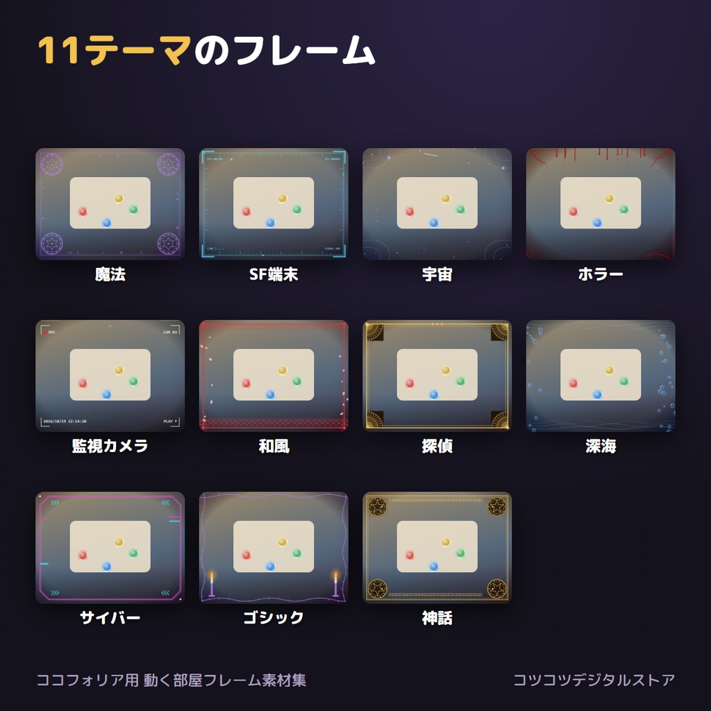 【ココフォリア用】動く部屋フレーム 11テーマ×4色 APNG+静止版【無料サンプル有】