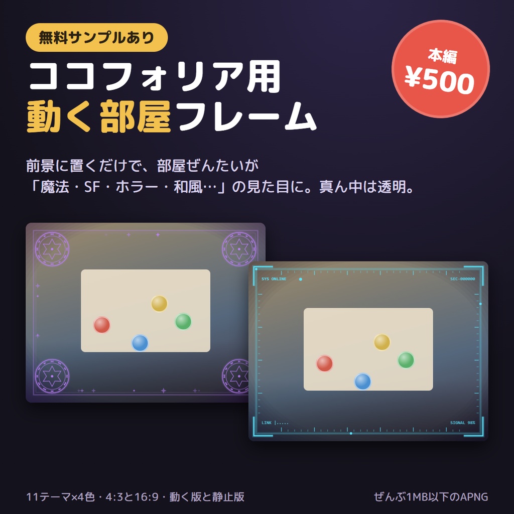 【ココフォリア用】動く部屋フレーム 11テーマ×4色 APNG+静止版【無料サンプル有】