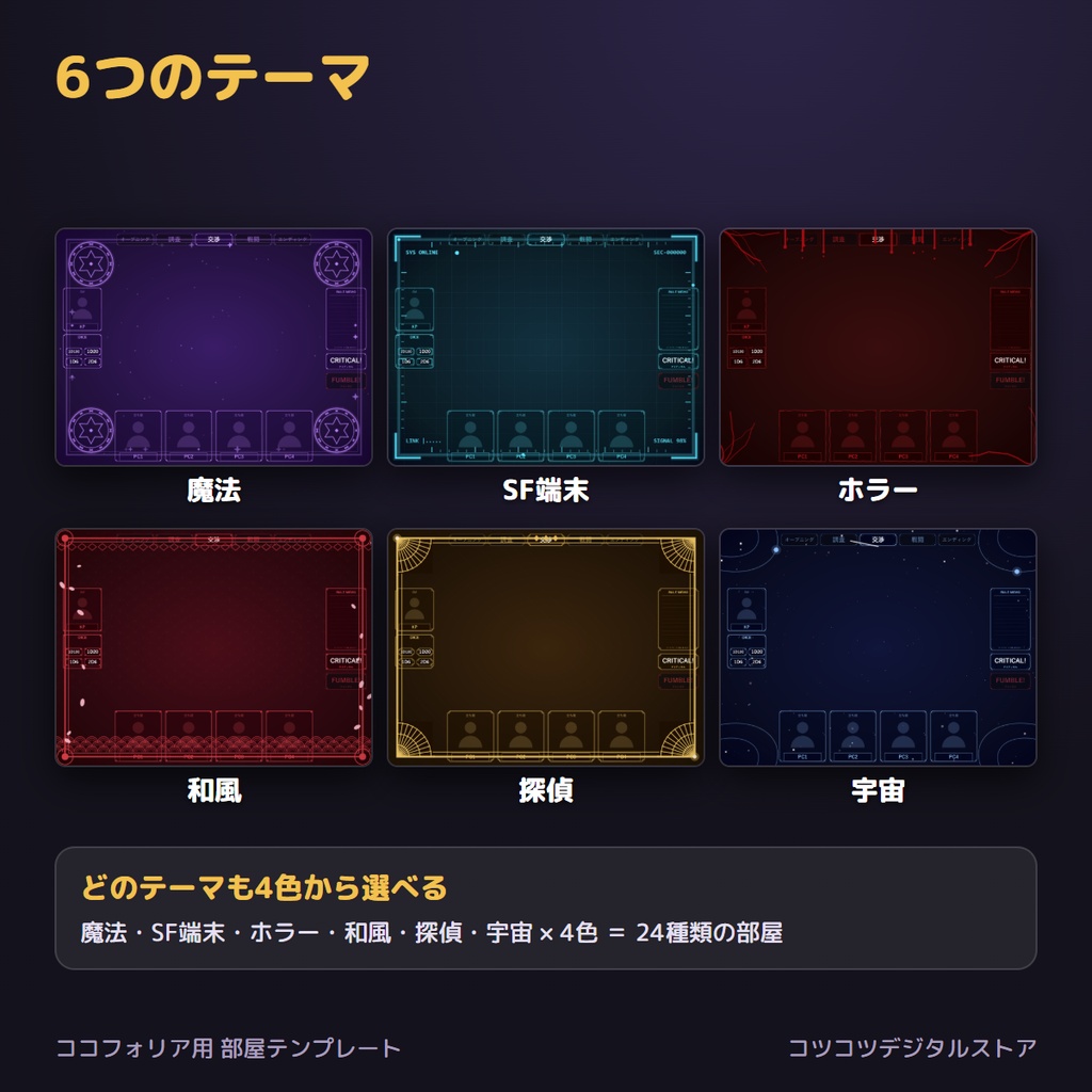 【ココフォリア用】部屋テンプレート 6テーマ×4色|動く枠・立ち絵枠・ダイスボタン付き ルームデータ【無料サンプル有】