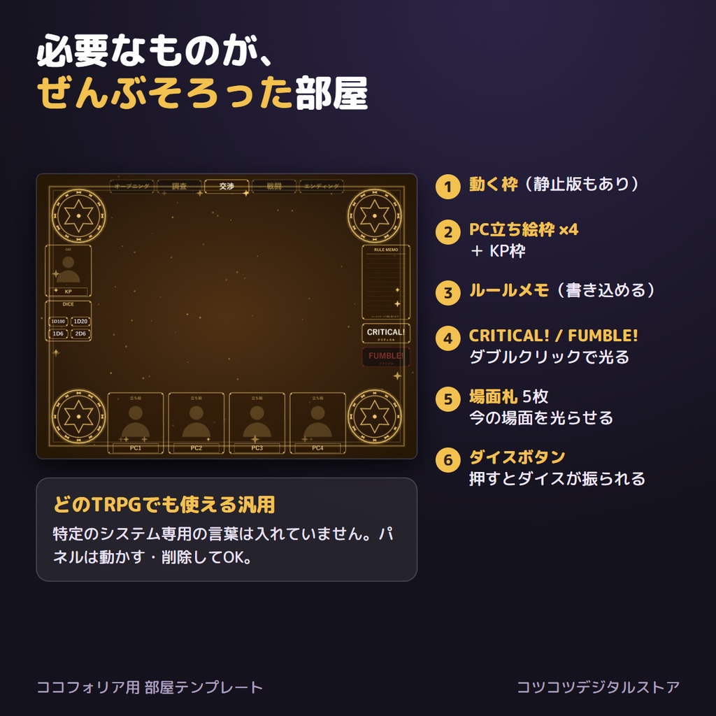 【ココフォリア用】部屋テンプレート 6テーマ×4色|動く枠・立ち絵枠・ダイスボタン付き ルームデータ【無料サンプル有】