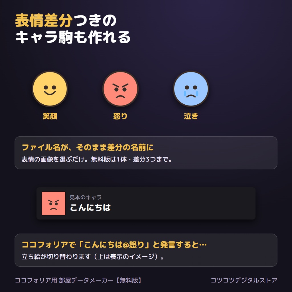 【無料】ココフォリア用 部屋データメーカー 無料版|並べて書き出すルームデータ(zip)作成ツール・立ち絵差分対応