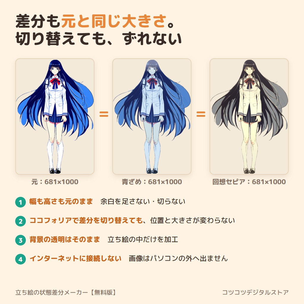 【無料】立ち絵の状態差分メーカー|青ざめ・照れ・回想セピアの差分PNGを作る