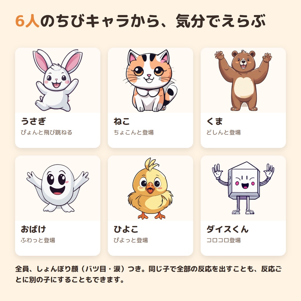 【ココフォリア用】ダイスで飛び出す ちびキャラカットイン|クリティカル・ファンブルで動いて鳴く6人・CoC6/CoC7対応・読み込むだけ【無料版あり】