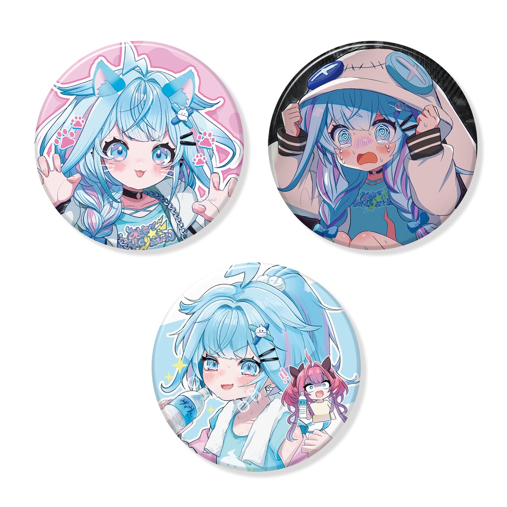 水宮枢  缶バッジ３点セット 44mm (ぐるぐる目／ねこ／ポニテ)