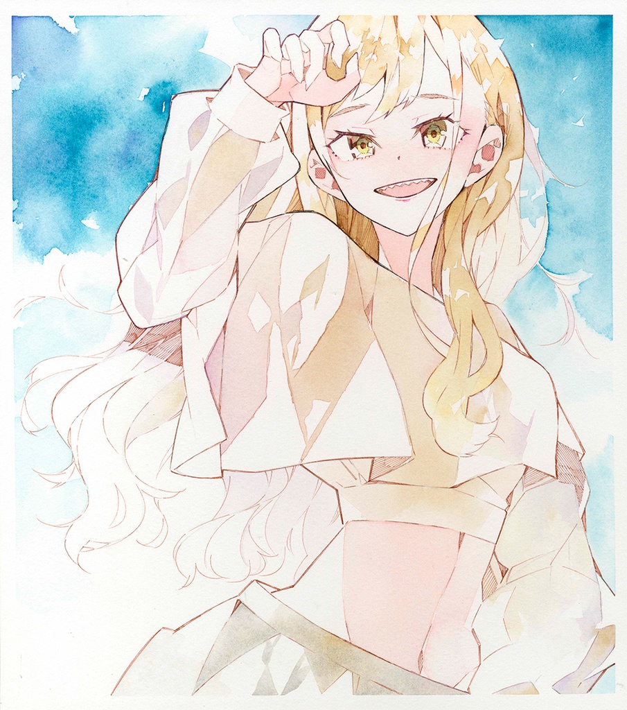 珈琲と水彩で描いた色紙【ホリゾンブルー】/晴瀬ひろき