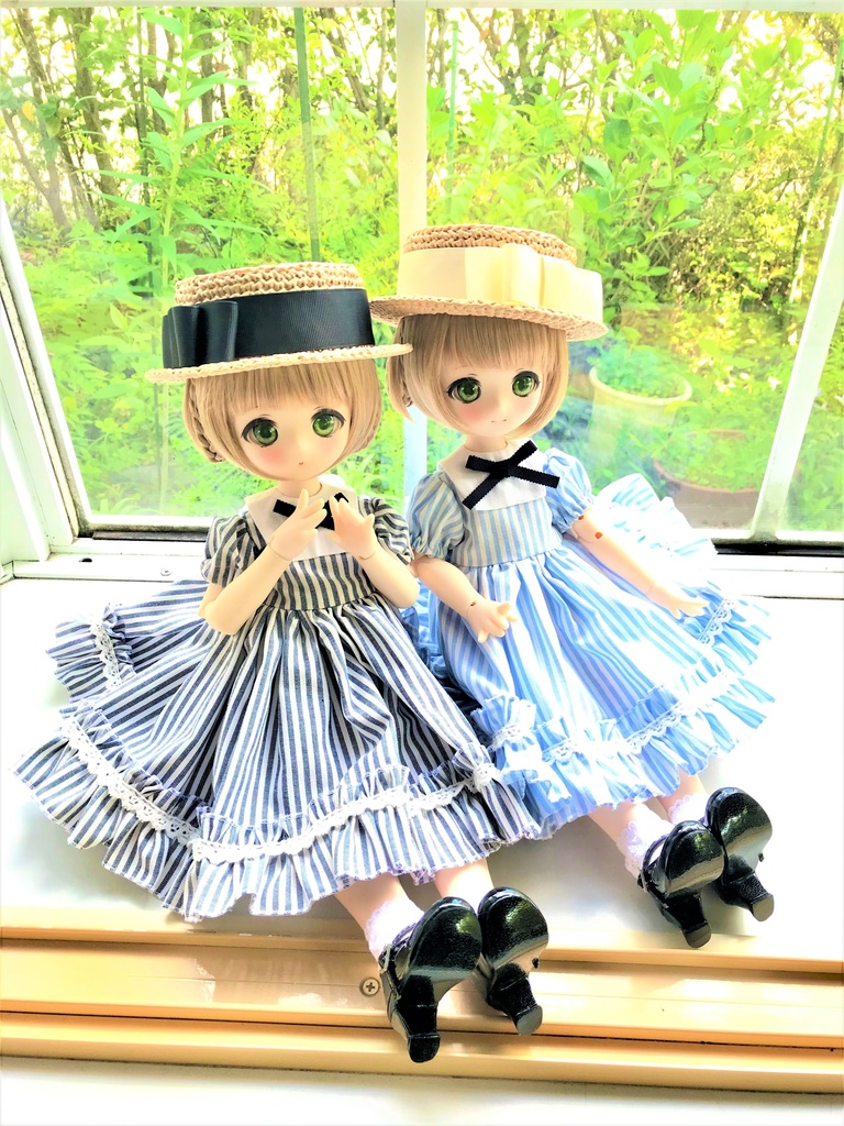 ■KUMAKOちゃん&MDDさん(40cmドール用)避暑地のお嬢様セット(サックスストライプ)