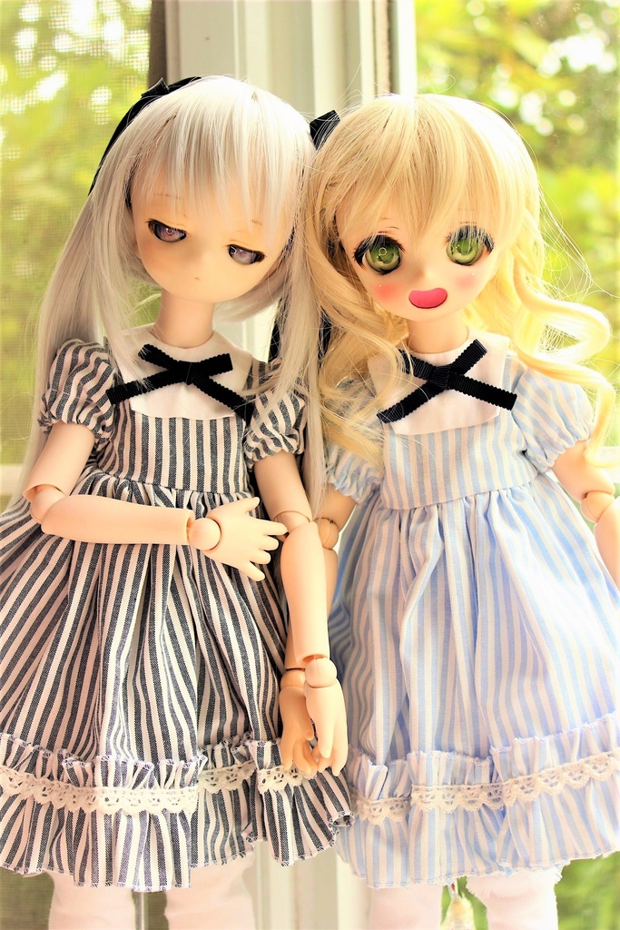 ■KUMAKOちゃん&MDDさん(40cmドール用)避暑地のお嬢様セット(サックスストライプ)