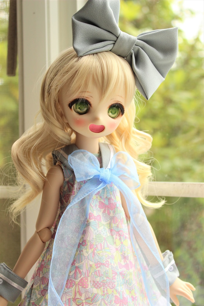 ■KUMAKOちゃん&MDDさん(40cmドール)用 トリプルリボンのノースリーブセーラーワンピース(サックス)