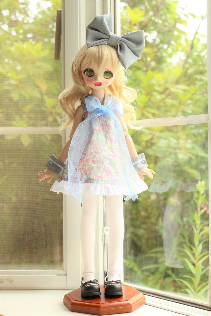 ■KUMAKOちゃん&MDDさん(40cmドール)用 トリプルリボンのノースリーブセーラーワンピース(サックス)