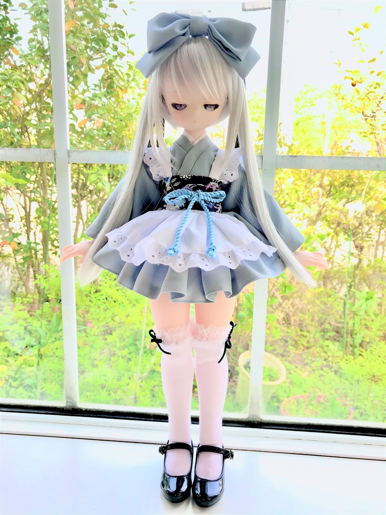 ■KUMAKOちゃん&MDDさん(40cmドール)用ミニ丈着物メイド服セット(水色)